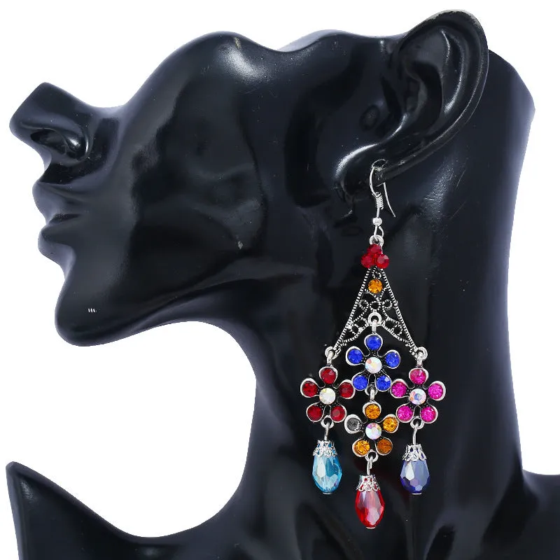 Wholesale Bohemian Retro Tassel Exaggerated Hollow Long Floral Crystal Earrings