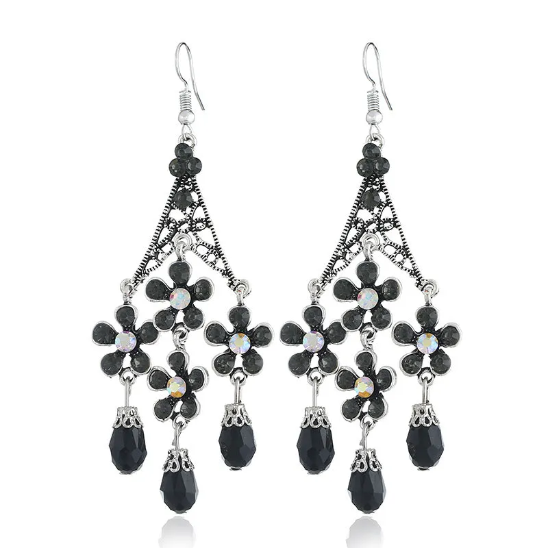 Wholesale Bohemian Retro Tassel Exaggerated Hollow Long Floral Crystal Earrings