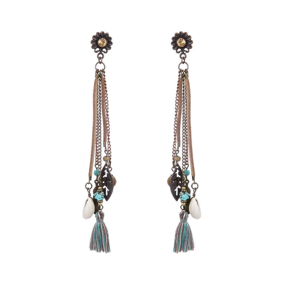 Wholesale Bohemian Rice Pearl Shell Long Tassel Earrings