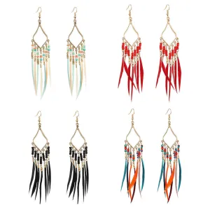 Wholesale Bohemian Slim Feather Tassel Earrings