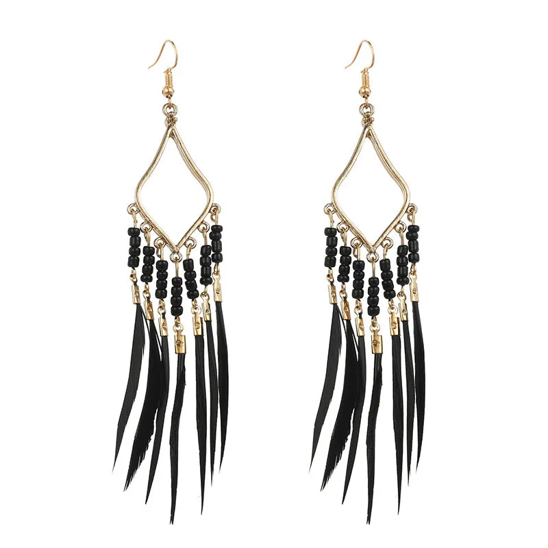 Wholesale Bohemian Slim Feather Tassel Earrings