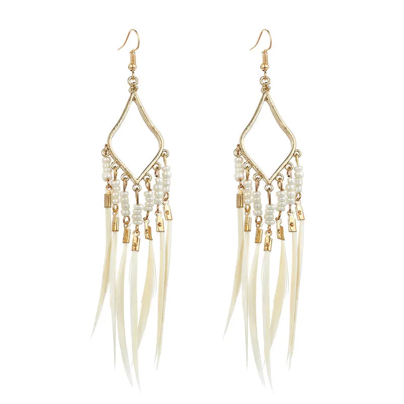 Wholesale Bohemian Slim Feather Tassel Earrings