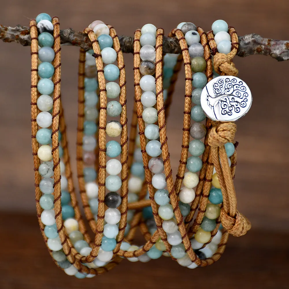 Wholesale Bohemian stone round bead woven 5-layer bracelet