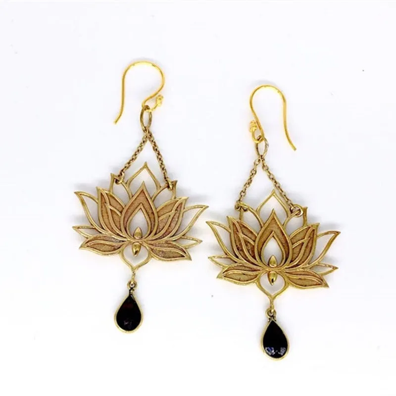 Wholesale Bohemian Style Gold Lotus Shape Set Gemstone Pendant Vintage Earrings