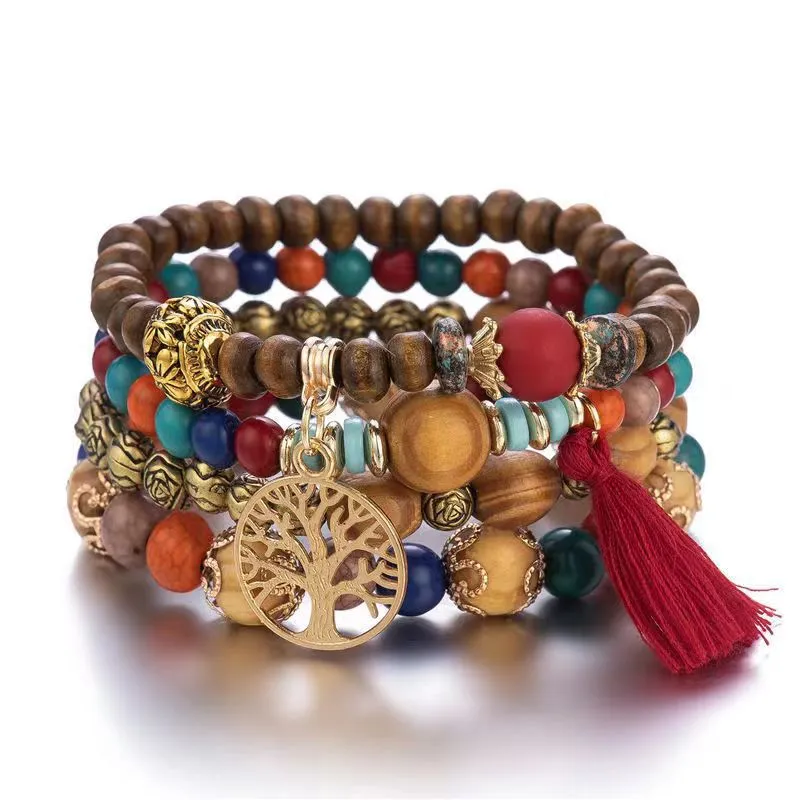 Wholesale Bohemian Style Multi-layer Wooden Beads Stretch Bracelet