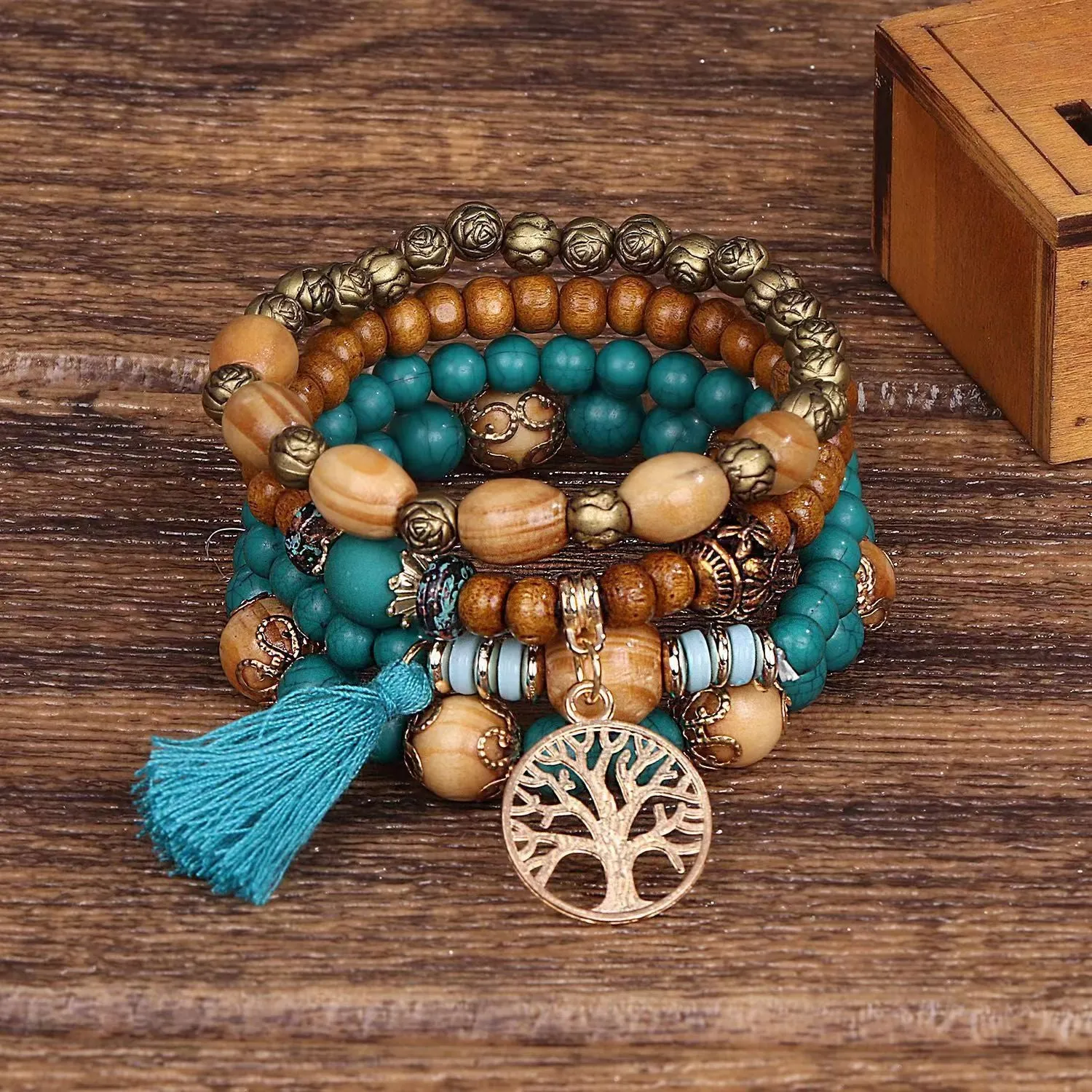Wholesale Bohemian Style Multi-layer Wooden Beads Stretch Bracelet