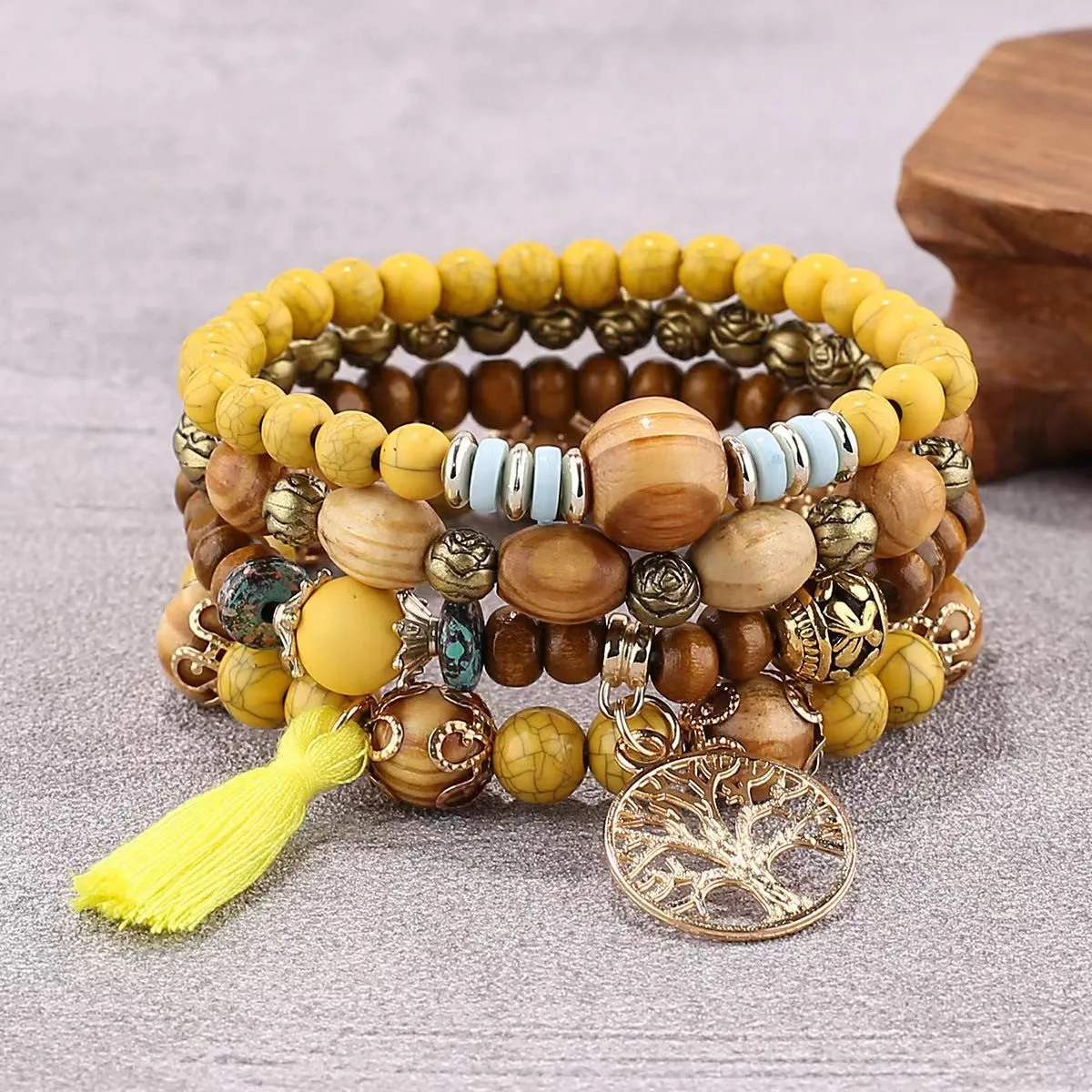 Wholesale Bohemian Style Multi-layer Wooden Beads Stretch Bracelet
