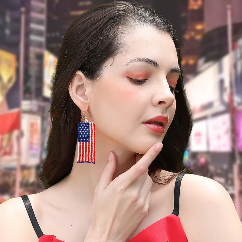 Wholesale Bohemian Tassel American Flag Rice Bead Earrings