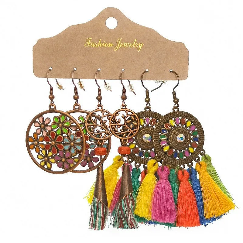 Wholesale Bohemian Tassel Flower Hollow Vintage Leaf Alloy Earrings