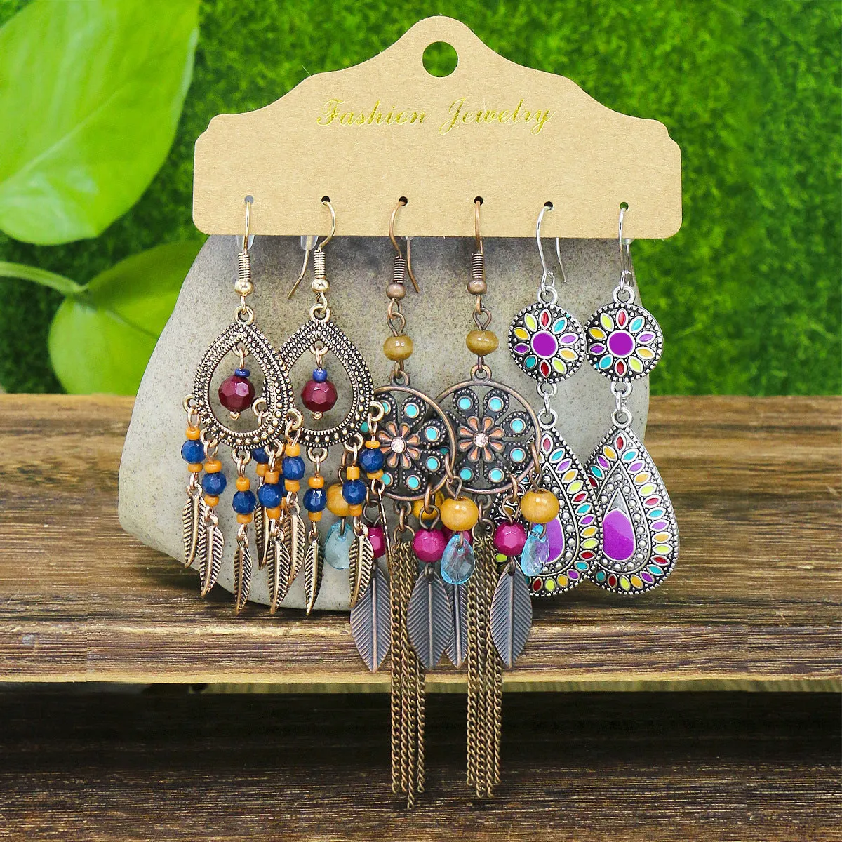 Wholesale Bohemian Tassel Flower Hollow Vintage Leaf Alloy Earrings