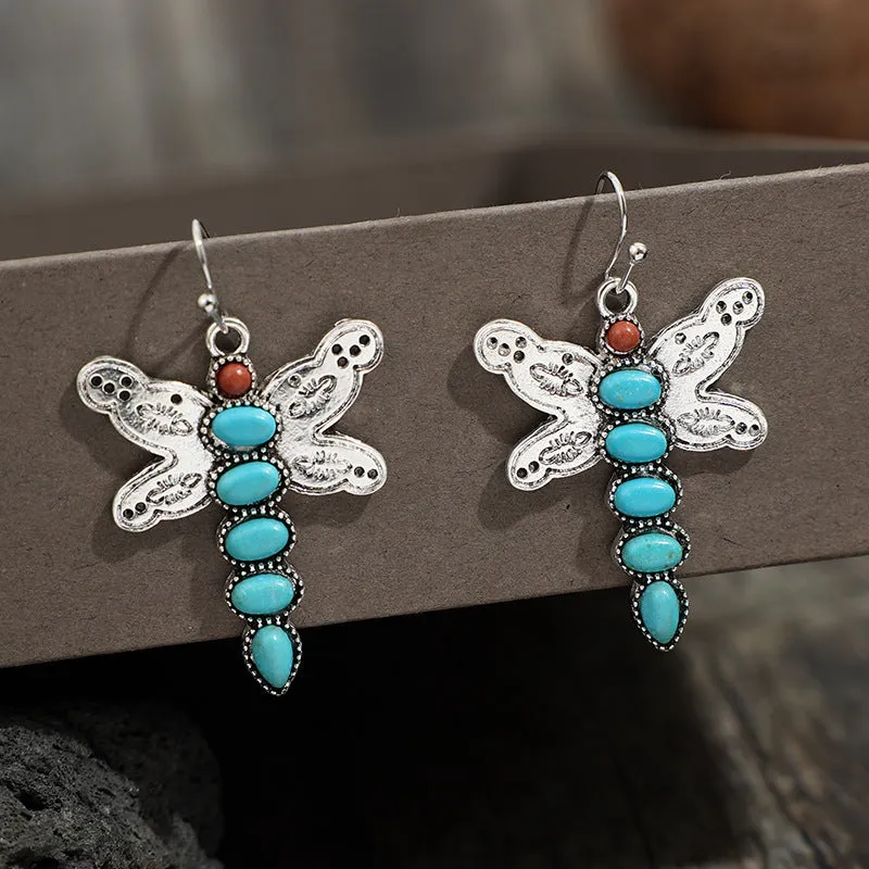 Wholesale Bohemian Vintage Natural Turquoise Dragonfly Alloy Earrings