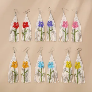 Wholesale Boho Flower Rice Beads Tassel Hand Braided Earrings