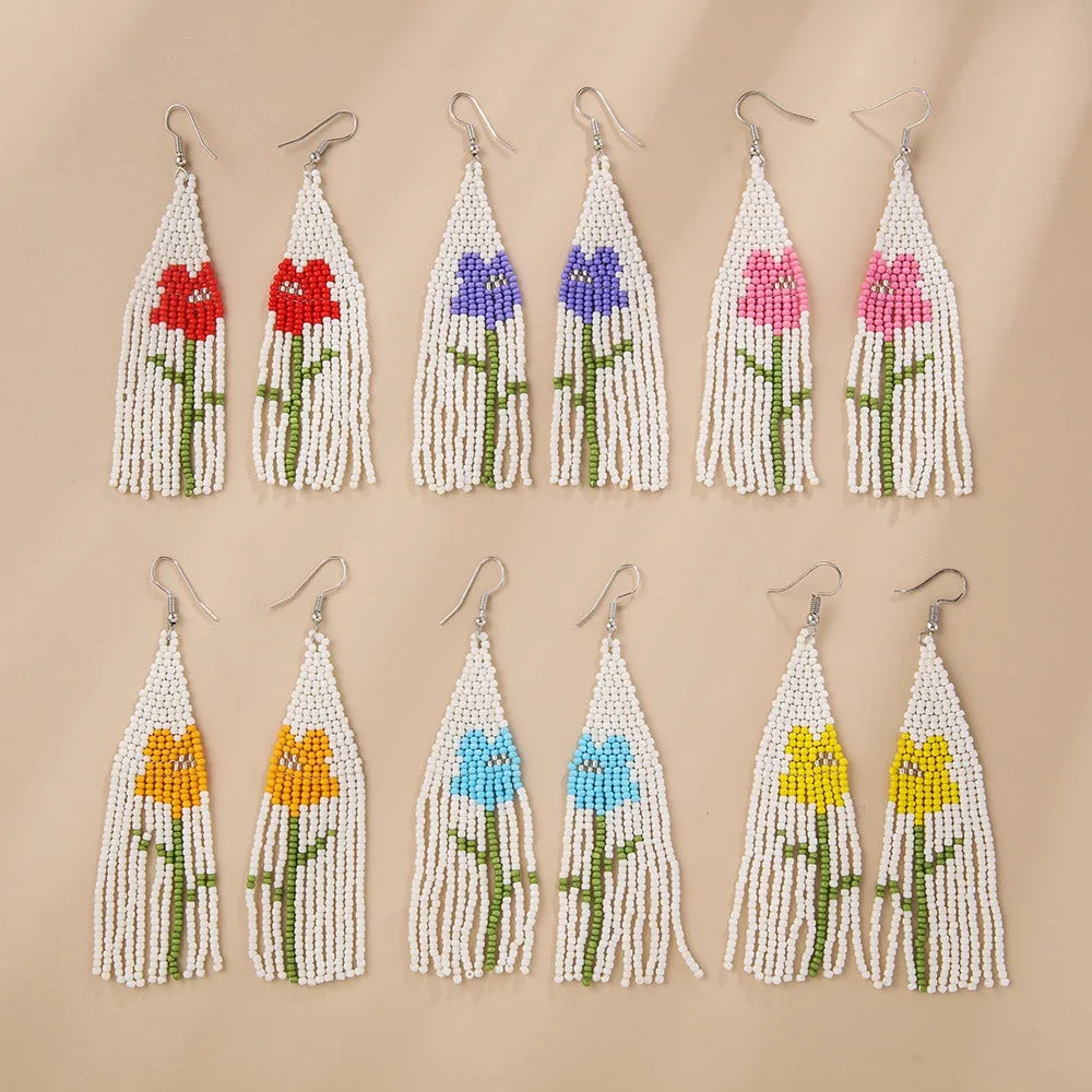 Wholesale Boho Flower Rice Beads Tassel Hand Braided Earrings