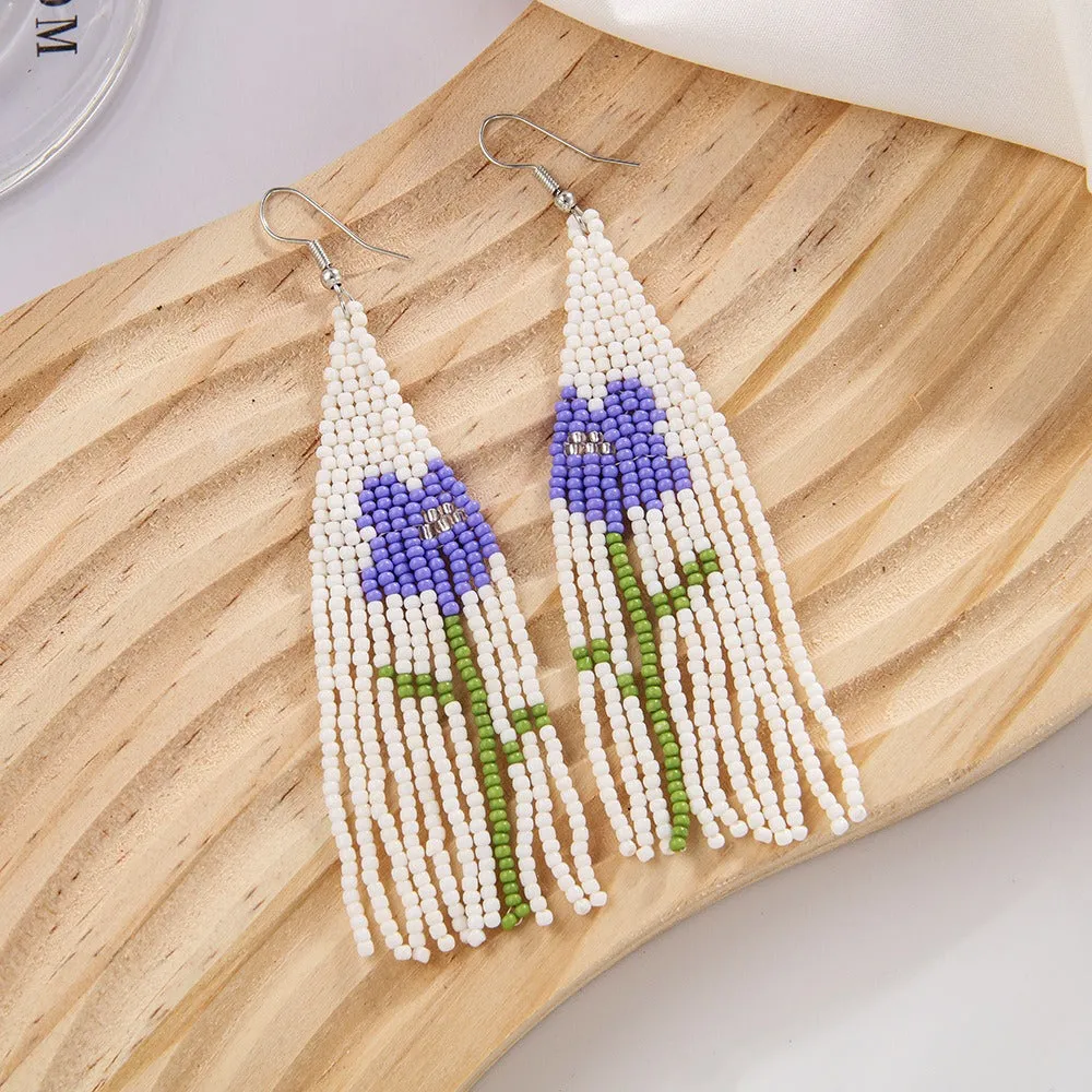 Wholesale Boho Flower Rice Beads Tassel Hand Braided Earrings