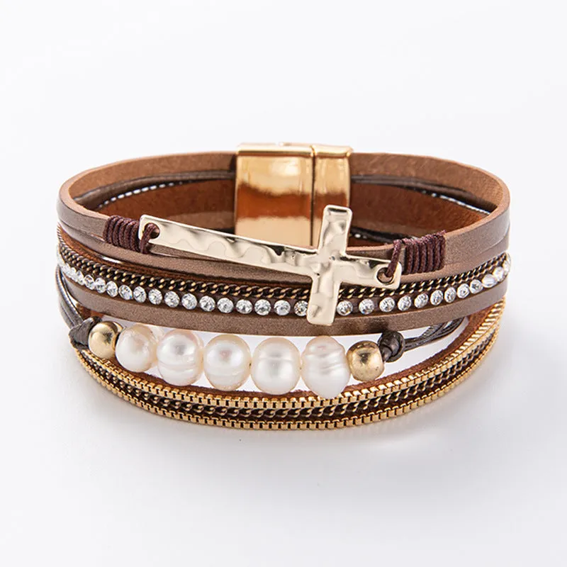 Wholesale Boho Leather Multi-Layered Wide Cross Bracelet