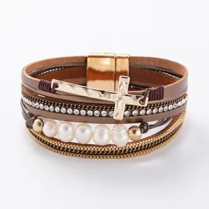 Wholesale Boho Leather Multi-Layered Wide Cross Bracelet