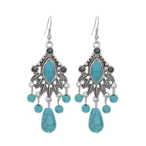 Wholesale Boho Vintage Carved Turquoise Drop Tassel Earrings