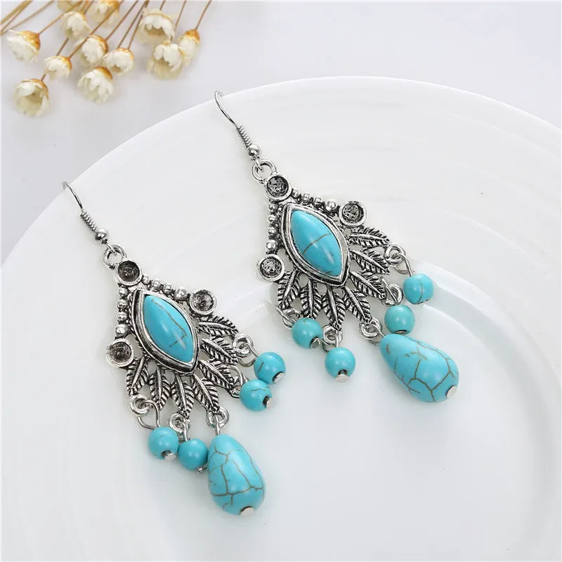 Wholesale Boho Vintage Carved Turquoise Drop Tassel Earrings