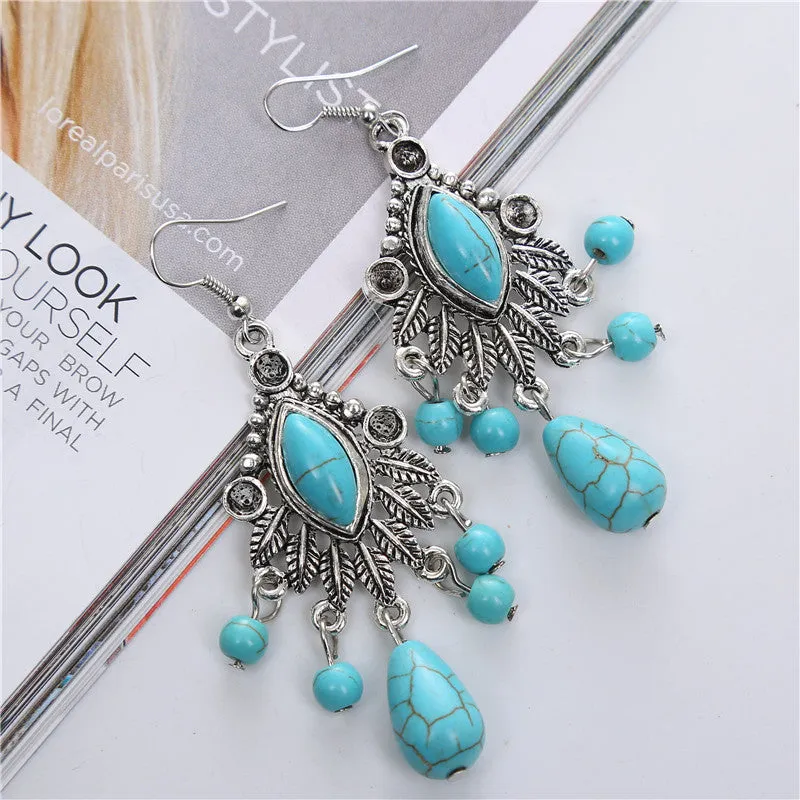 Wholesale Boho Vintage Carved Turquoise Drop Tassel Earrings
