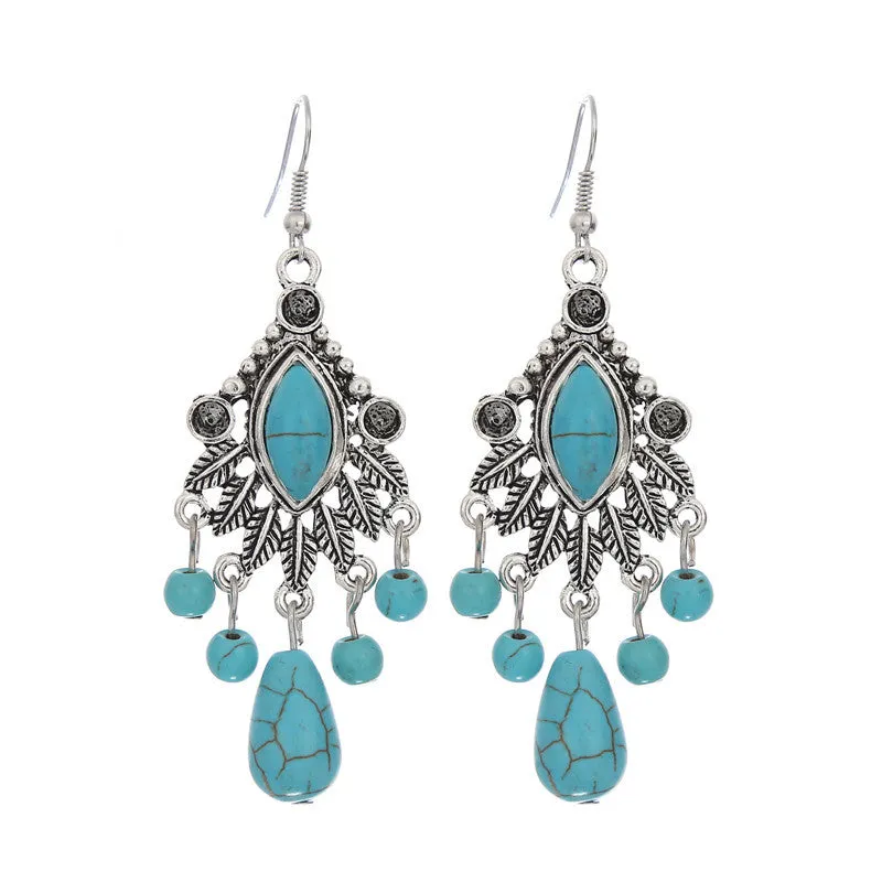 Wholesale Boho Vintage Carved Turquoise Drop Tassel Earrings