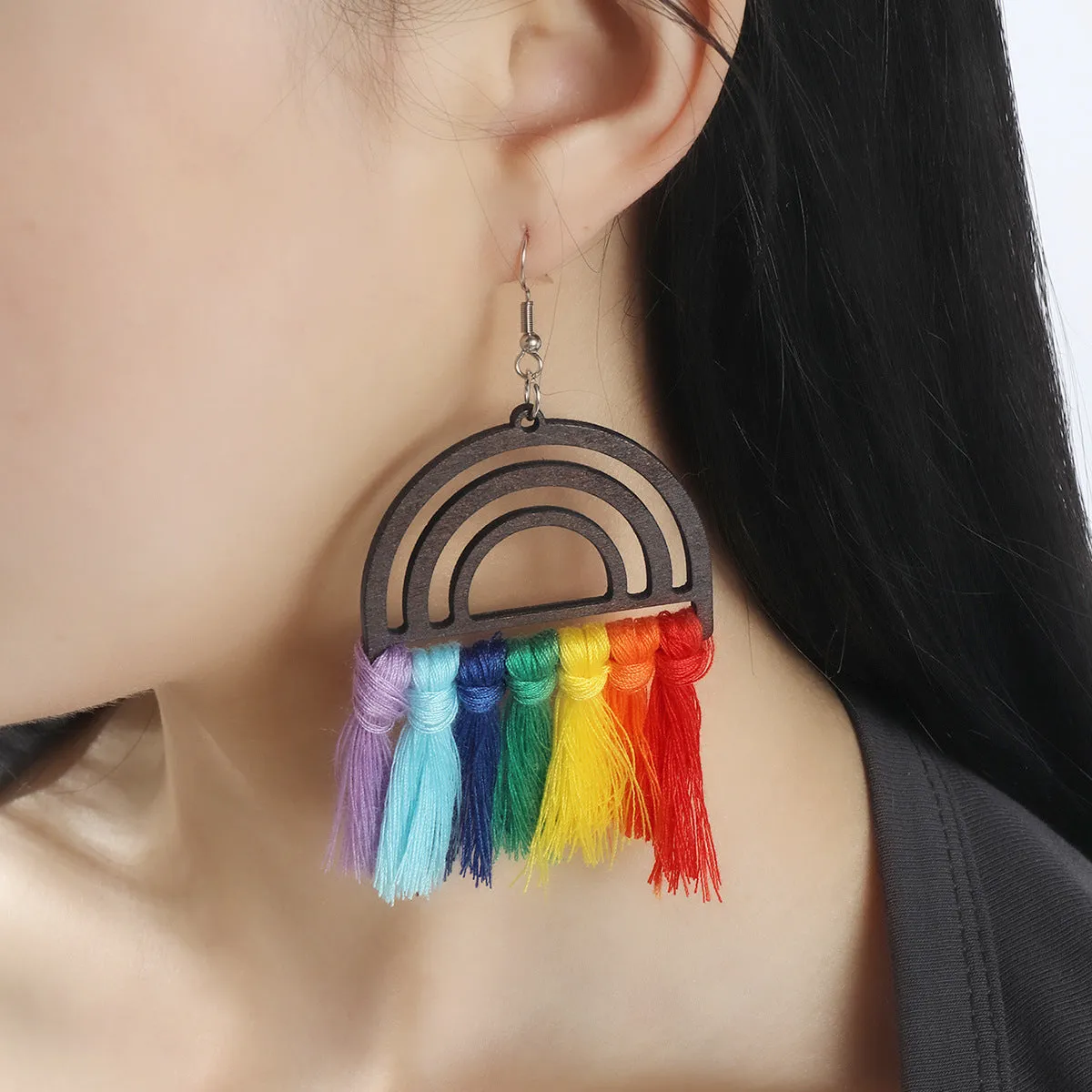 Wholesale Boho Wooden Rainbow Tassel Hand Braided Earrings