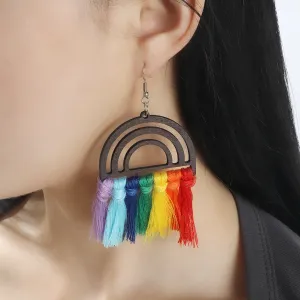Wholesale Boho Wooden Rainbow Tassel Hand Braided Earrings