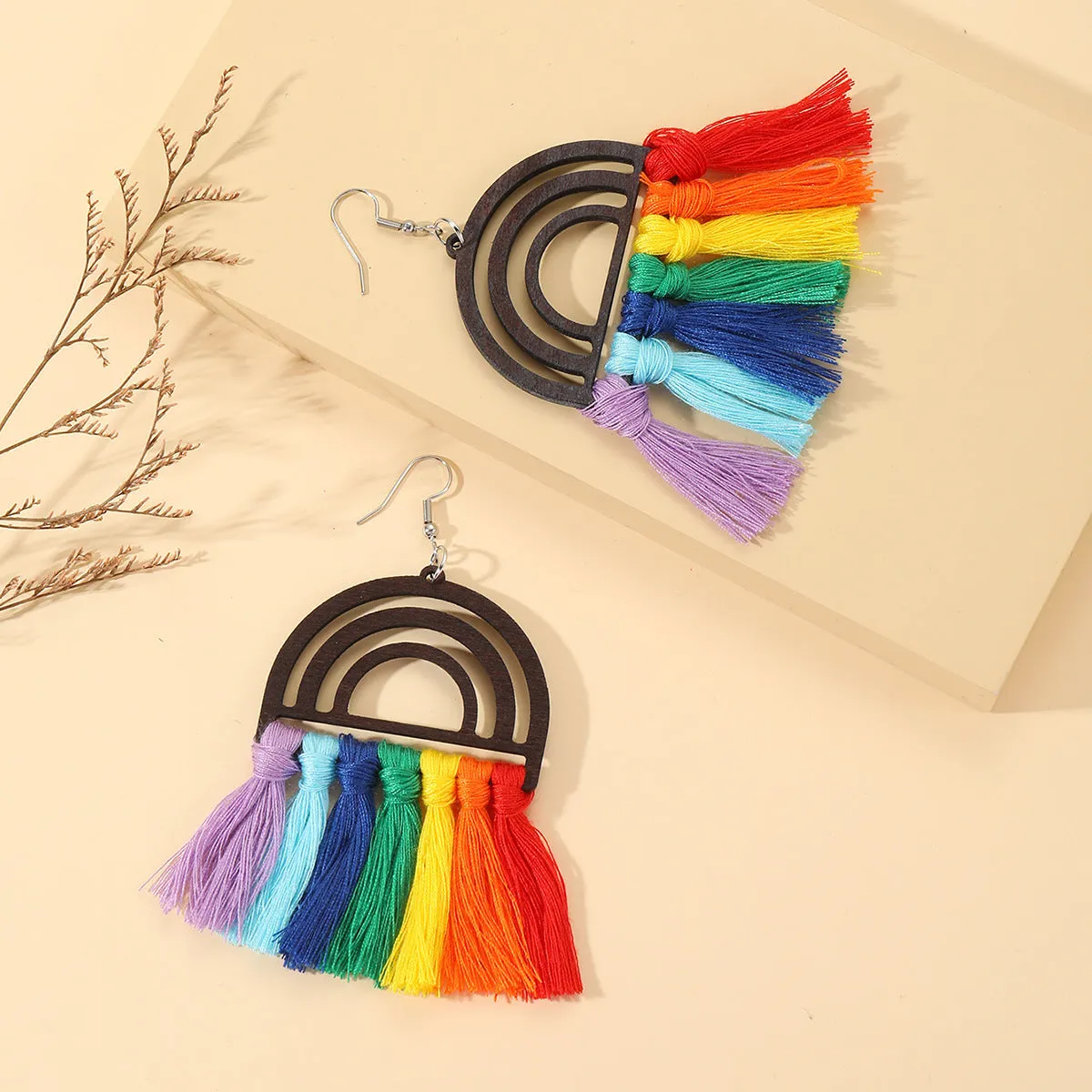Wholesale Boho Wooden Rainbow Tassel Hand Braided Earrings