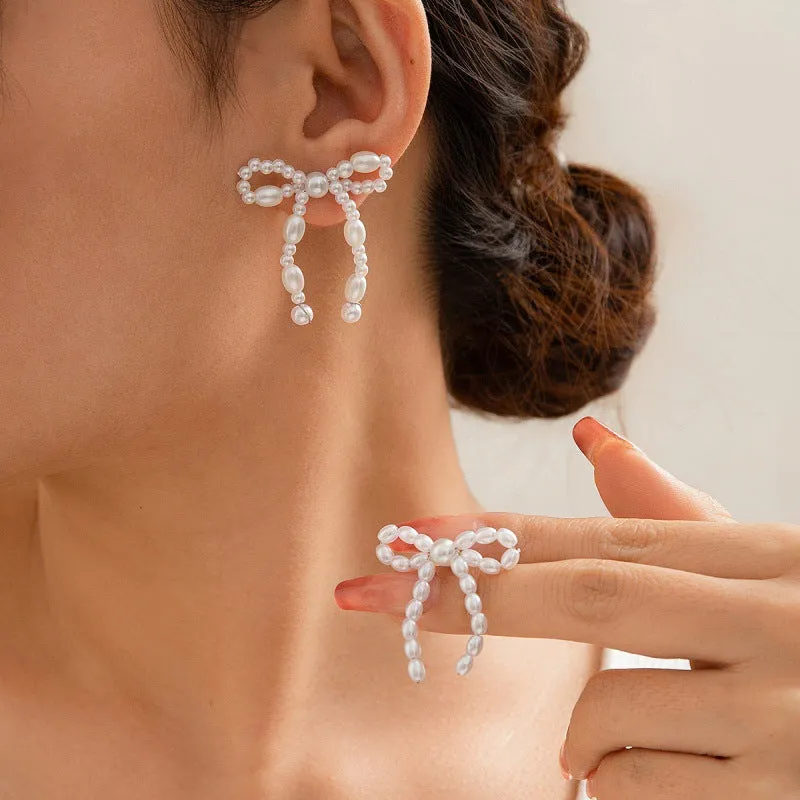 Wholesale Bow French Tassel Earrings Simple Light Luxury Imitation Pearl Earrings