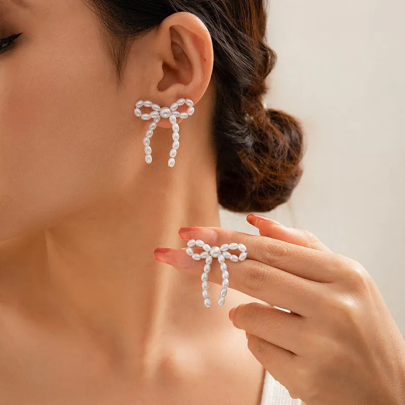 Wholesale Bow French Tassel Earrings Simple Light Luxury Imitation Pearl Earrings