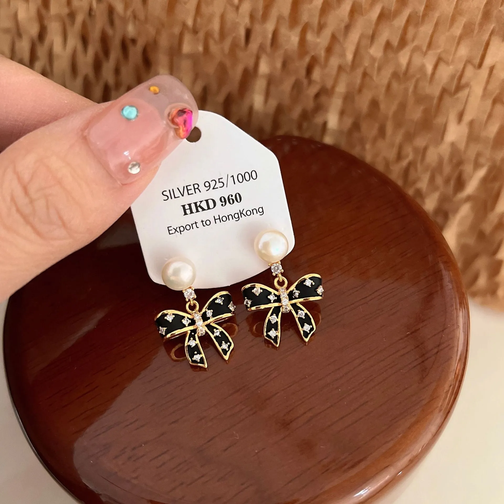 Wholesale Bow Freshwater Pearl Zircon Gold Plated Stud Earrings