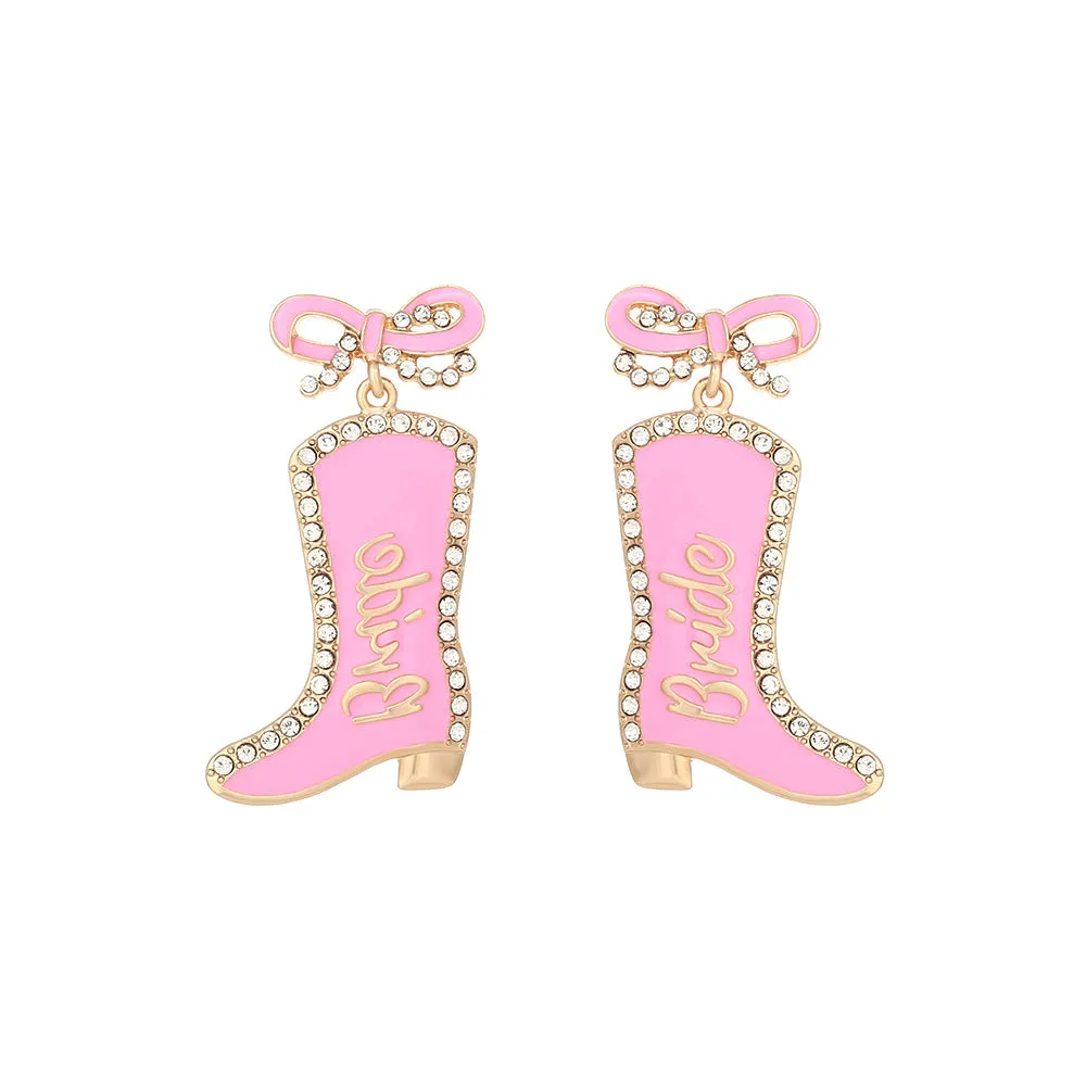 Wholesale Bow Oil Dripping Diamond Western Style BRIDE Cowboy Boot Earrings