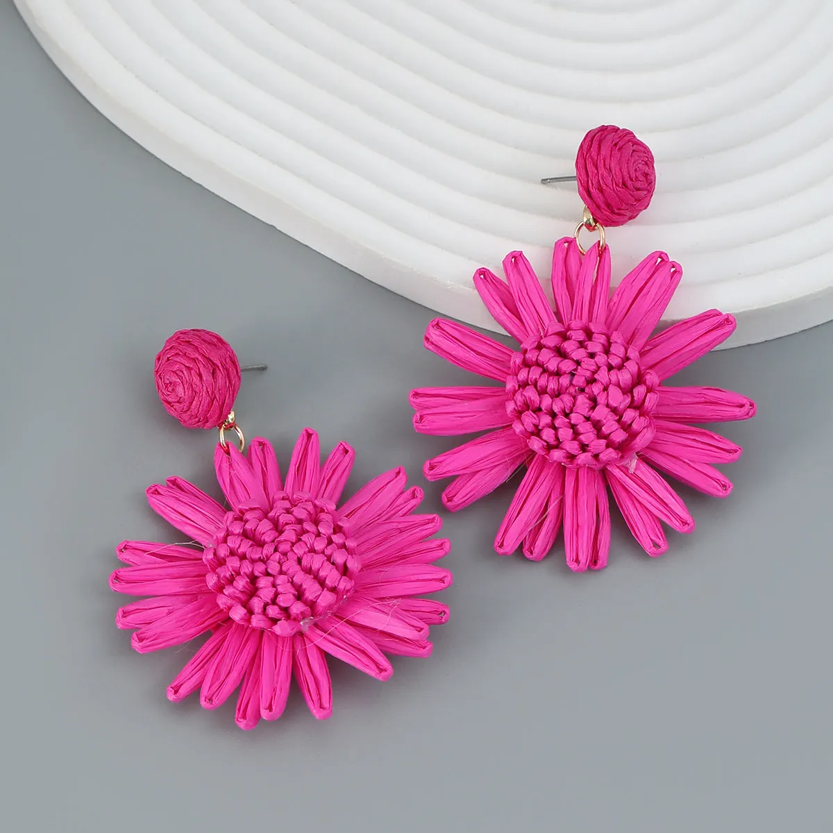 Wholesale Braided Floral Bohemian Raffia Earrings