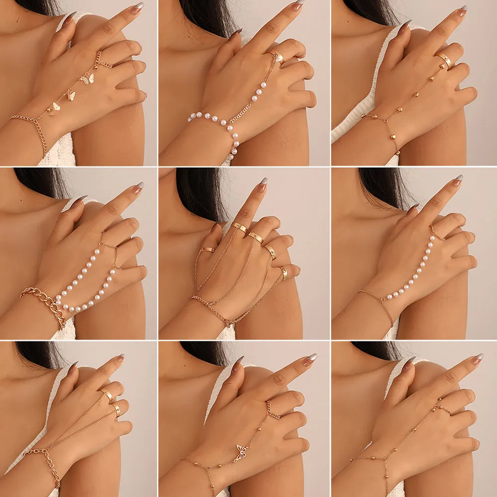 Wholesale Butterfly Heart Pearl Mitten Ring Alloy Bracelet