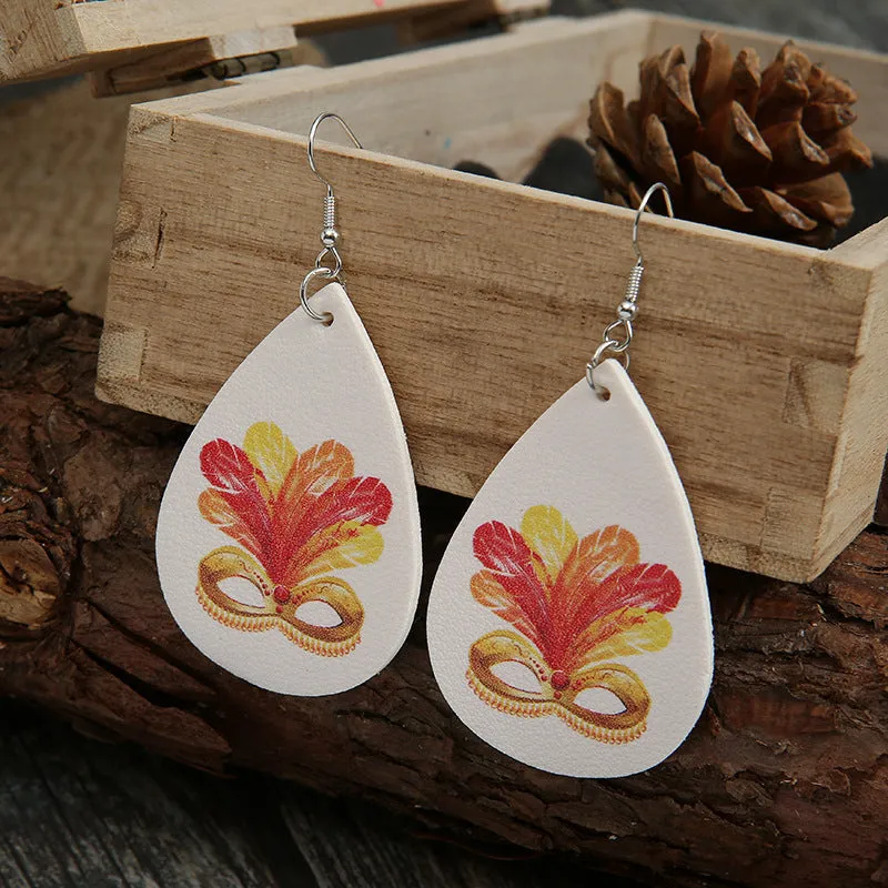 Wholesale Carnival Ball Feather Mask Leather Drop  Mardi Gras Earrings