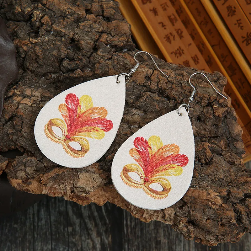 Wholesale Carnival Ball Feather Mask Leather Drop  Mardi Gras Earrings