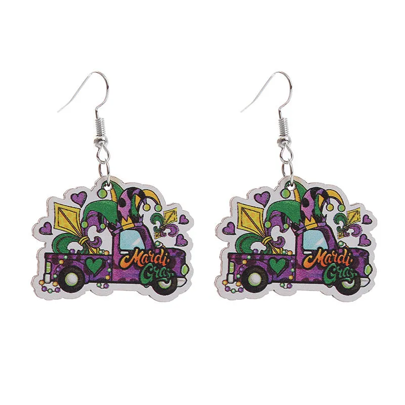 Wholesale Carnival Rainbow Truck Clown Hat Wooden  Mardi Gras Earrings