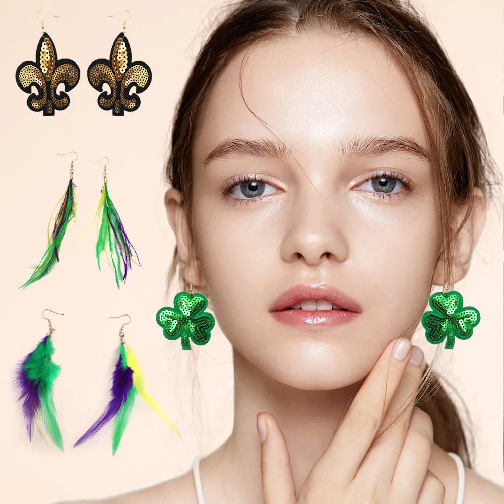 Wholesale Carnival Sequin Gold Purple Green Feather Accessories Earrings