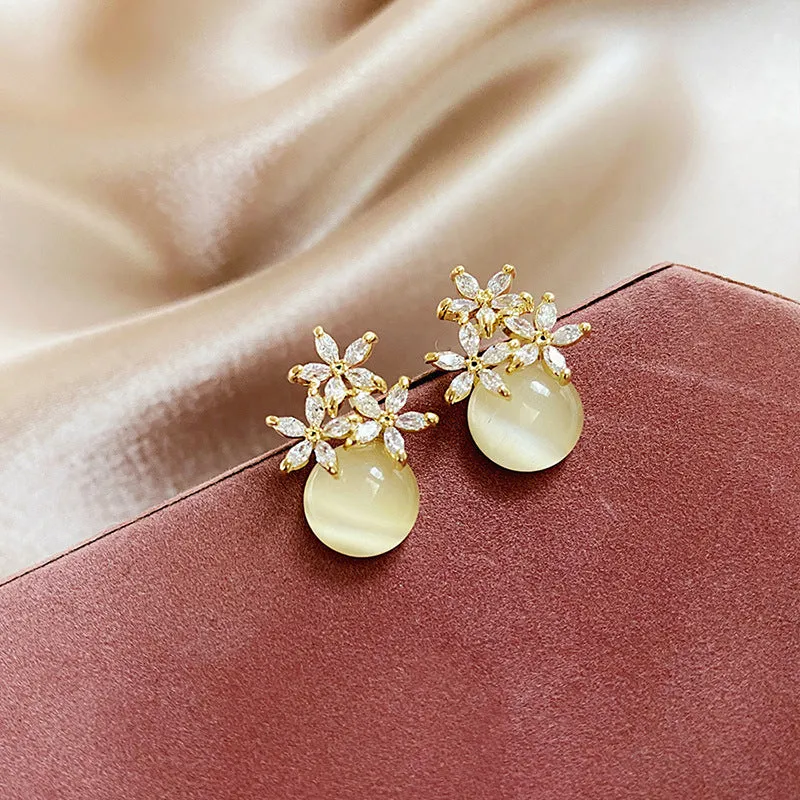 Wholesale Cat's Eye Stone Love Flower 925 Silver Needle Earrings
