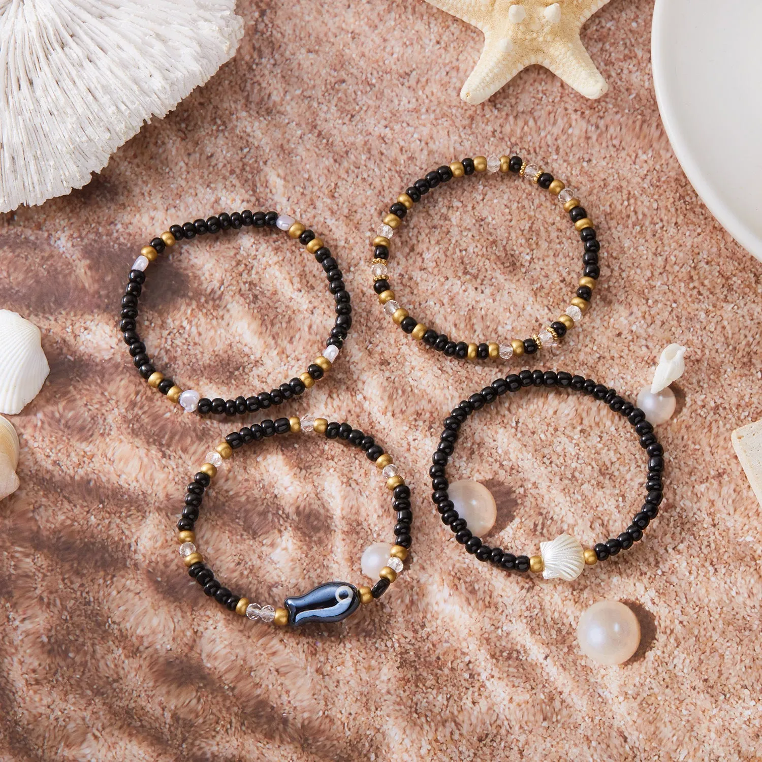 Wholesale Ceramic fish shell rice bead bracelet 4 pieces set