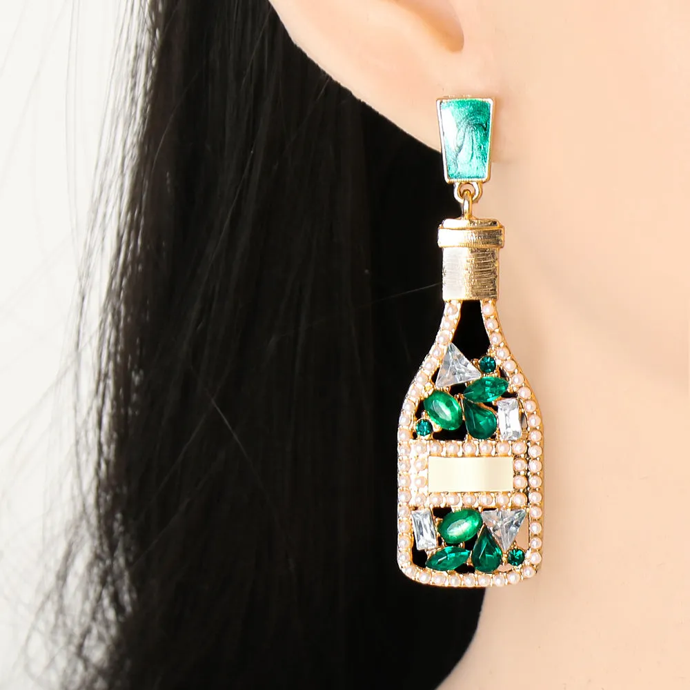 Wholesale Champagne Colored Wine Bottles Filled with Diamond and Pearl Alloy Earrings