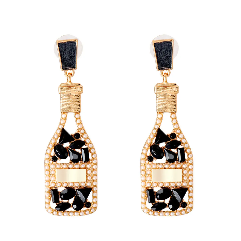 Wholesale Champagne Colored Wine Bottles Filled with Diamond and Pearl Alloy Earrings