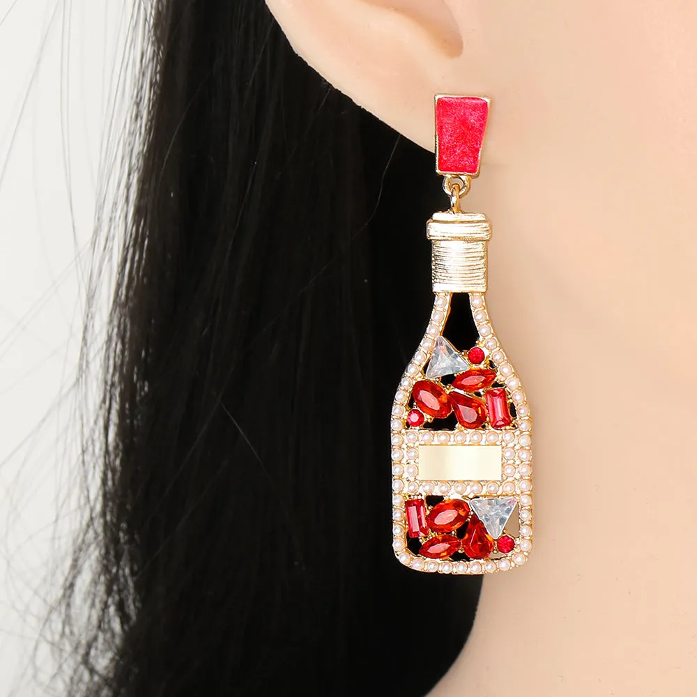 Wholesale Champagne Colored Wine Bottles Filled with Diamond and Pearl Alloy Earrings