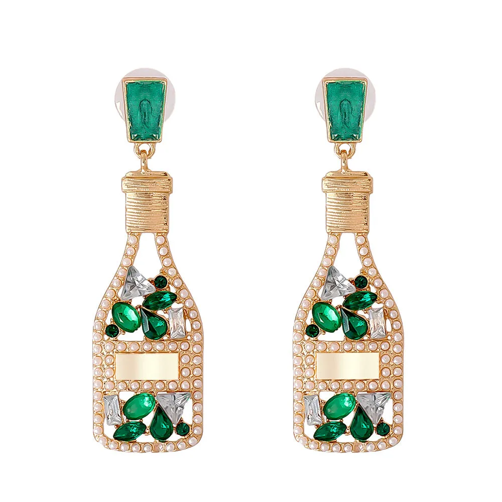 Wholesale Champagne Colored Wine Bottles Filled with Diamond and Pearl Alloy Earrings