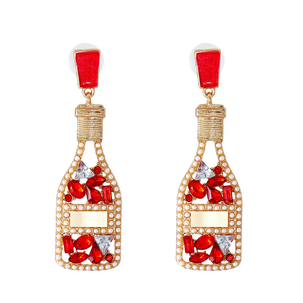 Wholesale Champagne Colored Wine Bottles Filled with Diamond and Pearl Alloy Earrings