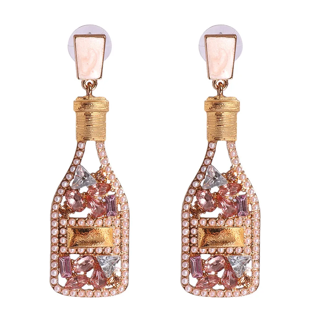 Wholesale Champagne Colored Wine Bottles Filled with Diamond and Pearl Alloy Earrings
