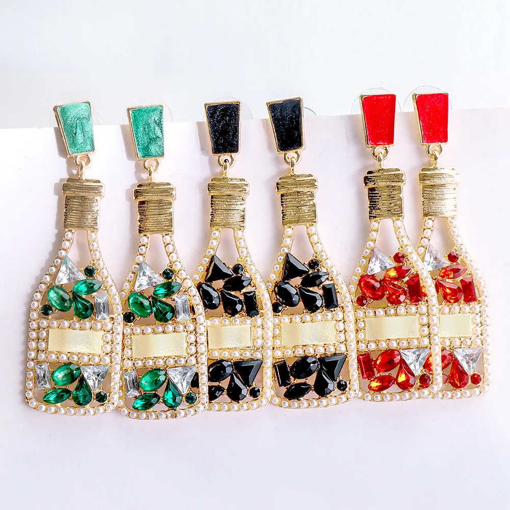 Wholesale Champagne Colored Wine Bottles Filled with Diamond and Pearl Alloy Earrings