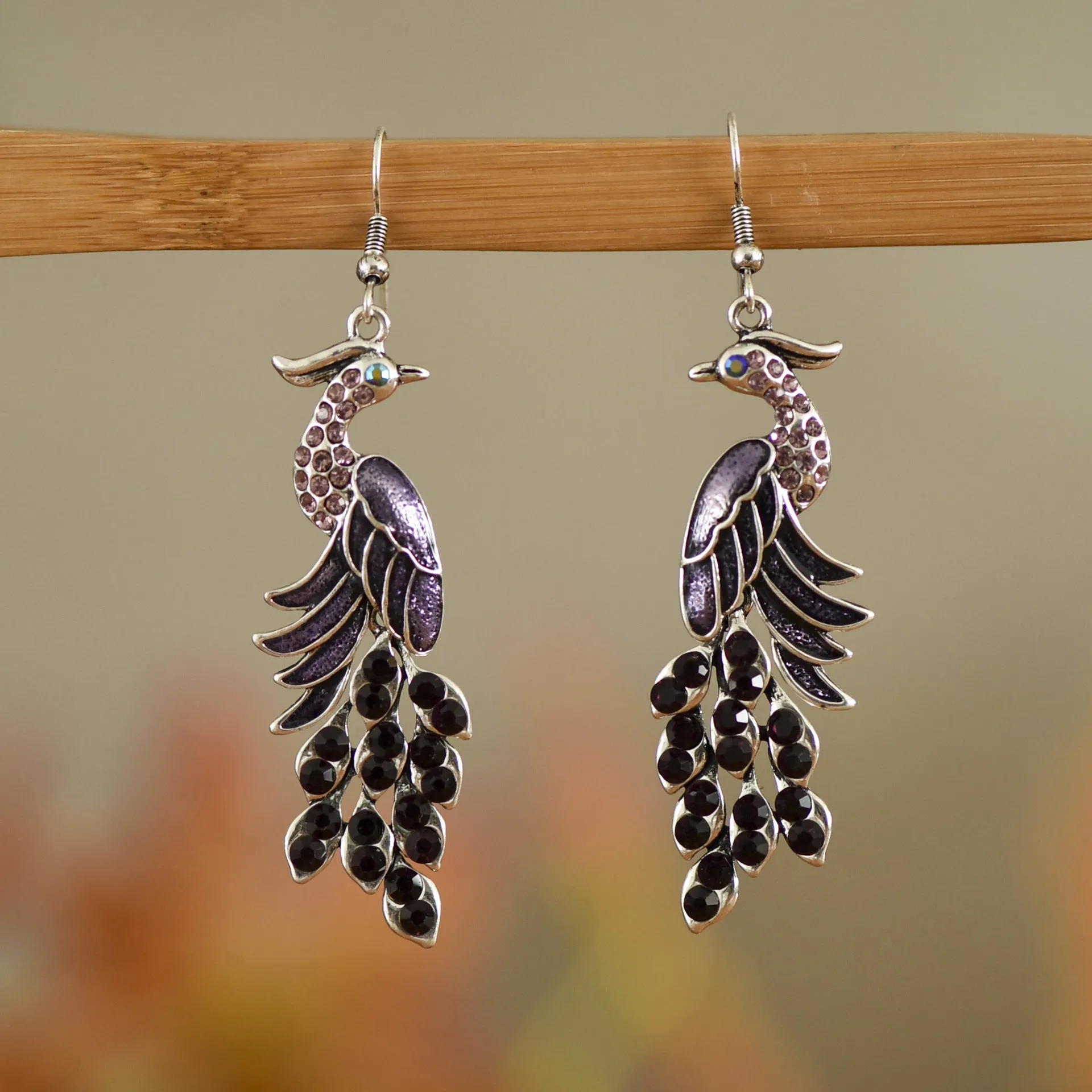 Wholesale Chinese Style Diamond Studded Texture Peacock Retro Earrings