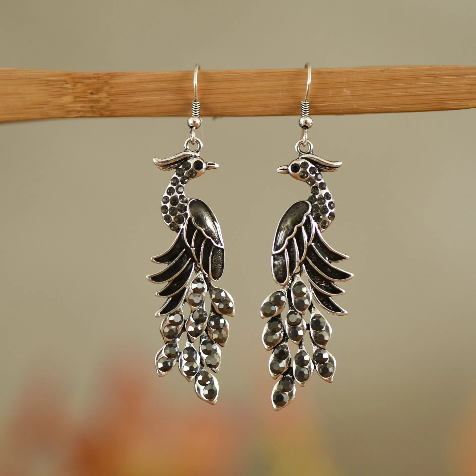 Wholesale Chinese Style Diamond Studded Texture Peacock Retro Earrings
