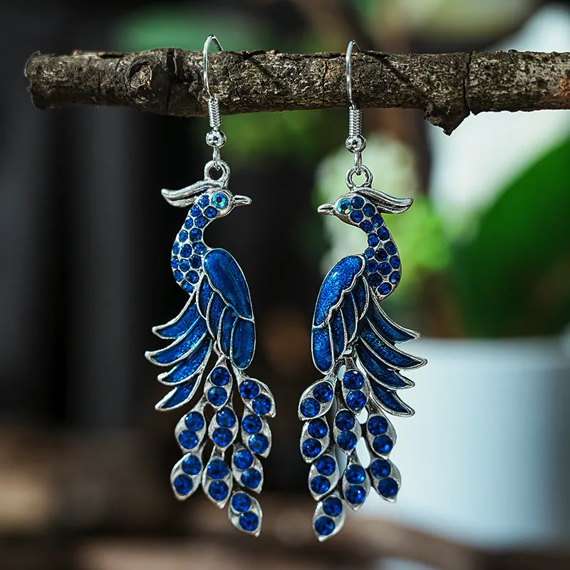Wholesale Chinese Style Diamond Studded Texture Peacock Retro Earrings
