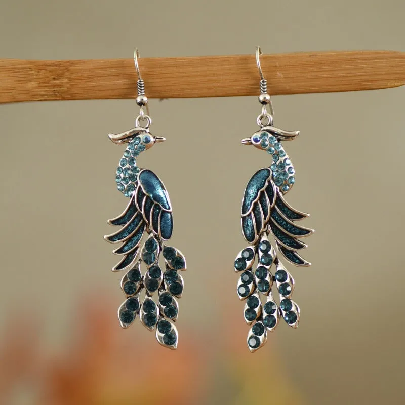 Wholesale Chinese Style Diamond Studded Texture Peacock Retro Earrings